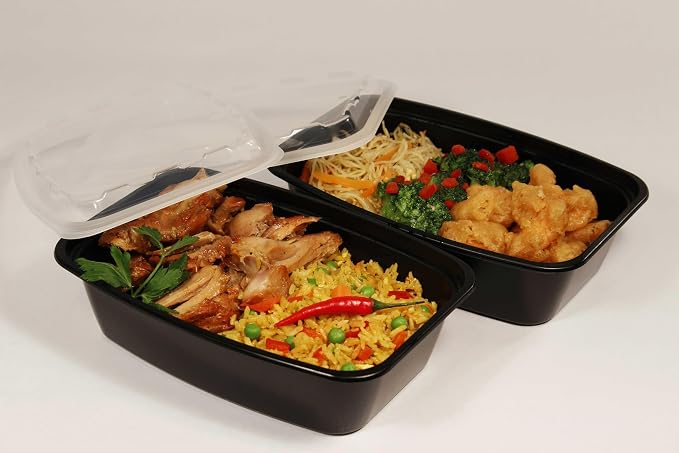 84oz Rectangular Microwavable Black Plastic Meal Prep Containers with Clear Lids - Food Storage Container - Certified BPA-Free, Stackable, Reusable Microwave, Dishwasher Safe, Disposable (50)