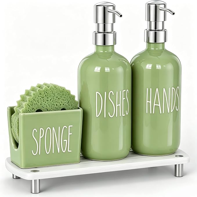 Cisily Olive Green Kitchen Soap Dispenser Set with Ceramics Sponge Holder | Stainless Steel Silver Pumps, and Instant Dry Tray, Hand and Dish Soap Dispenser Set, Kitchen Sink Olive Green Decor