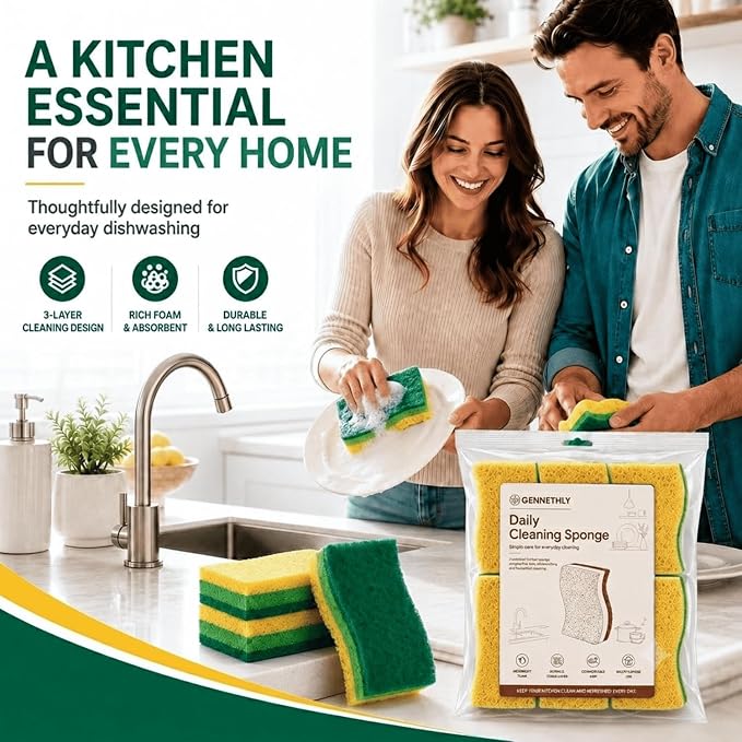 12 PCS Sponges Kitchen, Non Scratch Scrub Sponges for Washing Dishes, Green | 3-Layer Kitchen Sponge, Dual-Sided Cleaning, Rich Suds Fast, Easy-Grip Design, Easy Rinse & Quick Clean, 12 Pack Value