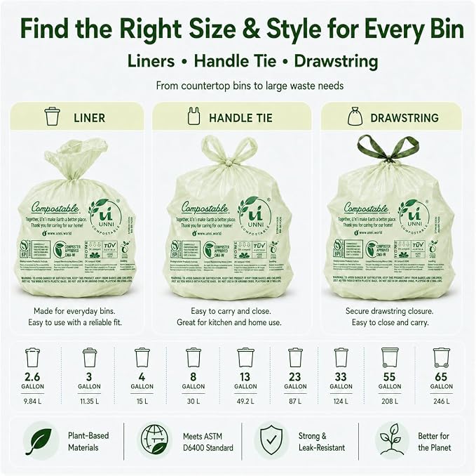 UNNI 2.6 Gallon Compostable Bags with Easy-Tie Handles, 10 Liter, 200 Count | Small Compost Bags for Countertop Bins & Kitchen Food Scraps, 2 Packs of 100, Certified by BPI, CMA & OK compost HOME