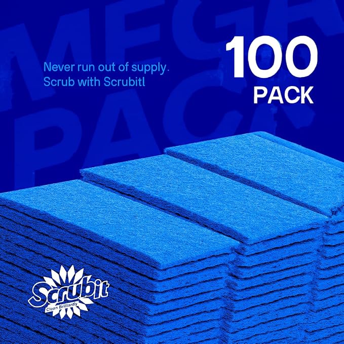 SCRUBIT Scouring Pad 100 Pack - Heavy Duty Scrub Pads for Cleaning Dishes - Non-Scratch Reusable Scrubbing - Blue (100)