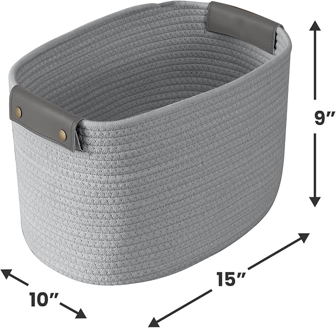 3 Pack Woven Cotton Rope Storage Basket, 15x10x9, Gray | Faux Leather Handles; Decorative Closet Shelf Organizer; Ideal for Storage & Organization