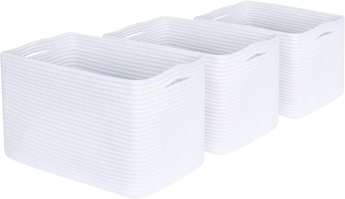 MINTWOOD Design 3-Pack Decorative Woven Storage Baskets for Shelves, Cube Bin Box for Organizing Books, Shoes, Dog Toys, Pantry Closet and Living Room Organizer, Full White