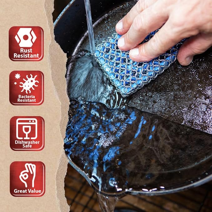 Knapp Made Premium Cast Iron Cleaner, 2-in-1 Combo Chainmail Scrubber with Silicone Core, Heavy Duty & Fine Mesh Rings for Cookware, Skillets and Pots, Premium Cast Iron Cleaner – Ice Blue