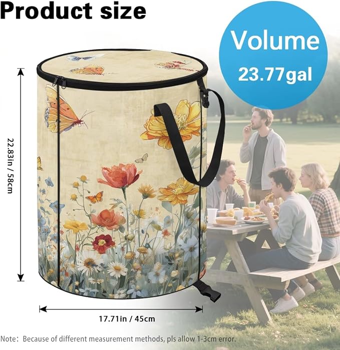 Floral Butterfly Collapsible Trash Can 24 Gallon Pop-Up Outdoor Garbage Can with Handles Waterproof Lightweight Storage Bag with Lids for Laundry Toy Room Garden Patio Camping