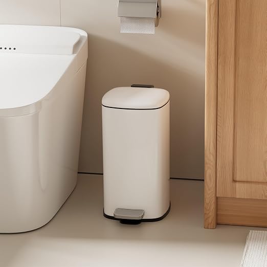 Garvee Bathroom Trash Can with Lid, 2.4 Gallon Slim Garbage Can, White | Step Pedal, Soft-close Lid, Rear Handle, Removable Plastic Inner Liner with Trash Bag Retainer Ring, for Kitchen, Office