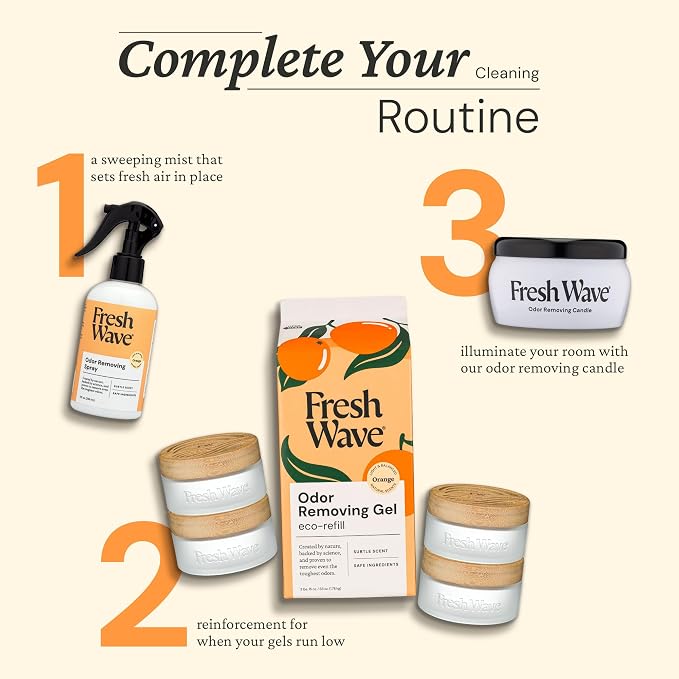Fresh Wave Odor Removing Gel 4-Pack Glass Jar & 63oz Refill, Orange | Refills 7oz gel up to 9 times or 15oz up to 4 times. Gel odor eliminator for bathroom, closet, or garage. No plug-in.