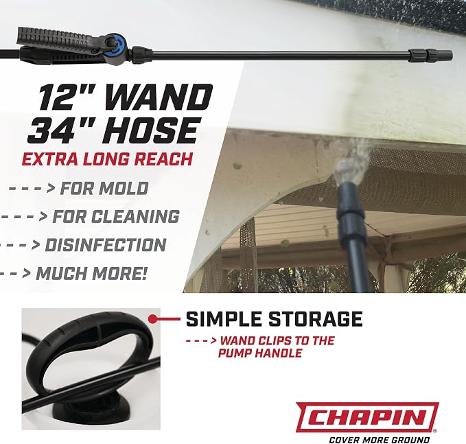CHAPIN 1-Gallon Bleach Sprayer, Built for Disinfecting Tasks | Chemical-resistant tank and seals; ideal for mold removal, disinfecting and cleaner applications with nozzle and 40-in hose