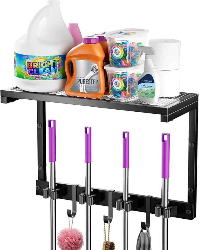 Heavy Duty Broom Holder Wall Mount, All-Metal Mop Rack with Storage Shelves | Space-Saving Cleaning Supply Organizer with Hooks Keeps Mops, Brooms and Tools Handy in Laundry Rooms, Garages and Kitchens