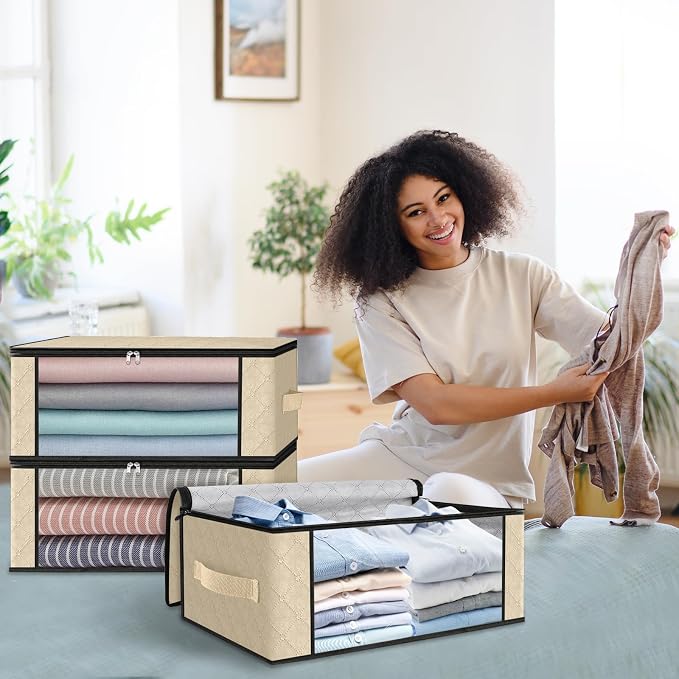 HomeHacks 4-Pack Clothes Organizer Storage Bags, 35L Storage Bins, Beige | Foldable Storage Box Container with Zippers, Clear Window, Reinforced Handles for Closet, Dorm, Pillows, Bedding, Sweater