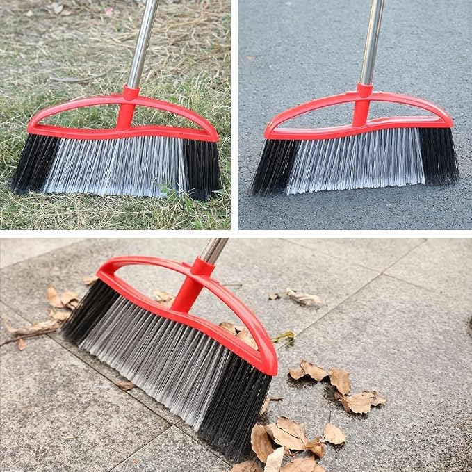 2-Pack Outdoor Broom, 15.7" Wide Angle Head for Garden, Yard | Wide Broom Covers More Area, Adjustable 38-53.5" Handle ( Black & Red )