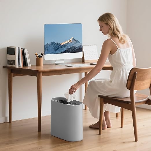 SUBEKYU 2.3 Gal Bathroom Trash Can,Small Garbage Can for Kitchen,Grey | Slim Rectangular Waste Bin,Heavy-Duty Plastic Garbage Can with Detachable Inner Liner