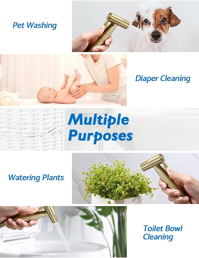 BRITULIF Bidet Sprayer for Toilet, Adjustable Pressure, Gold | Leak-Free Hose, Tank or Wall Mount, Feminine Wash, Cloth Diaper Rinse, Stainless Steel Body, Nozzle, Soft Silicone Nozzle