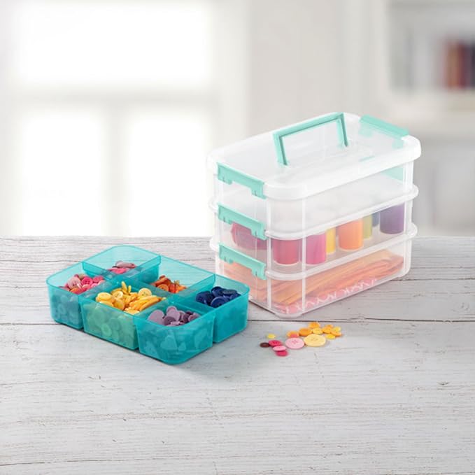 Sterilite 24 Pack Plastic Storage Box Container, 3 Layer, Stack and Carry, Clear/Blue