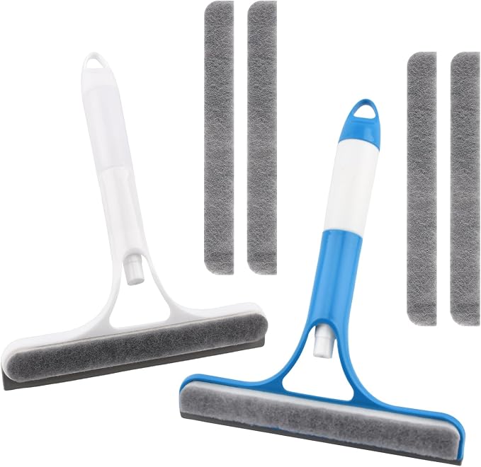 3 in 1 Window Cleaning Scraper with 2 Replaceable Cleaning Cotton Strips, 3 in 1 Spray Squeegee for Home Glass Doors Car Windows Glass, All-Purpose Window Cleaner Tool(1pc White & 1pc Blue)