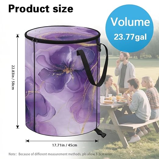 doginthehole Purple Flowers Collapsible Trash Can with Lid Aesthetic Marble Texture Trash Can Waterproof Portable 23 Gallon Waste Bin for Camping, Beach, Picnic, Patio Home Outdoor Decor