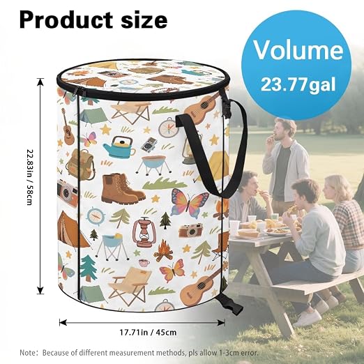 White Camping Trash Can Collapsable Cute Design Large Capacity Outdoor Garbage Can with Zipped Lid Water Resistant Trash Can Bags for Travel, Hiking, Outings