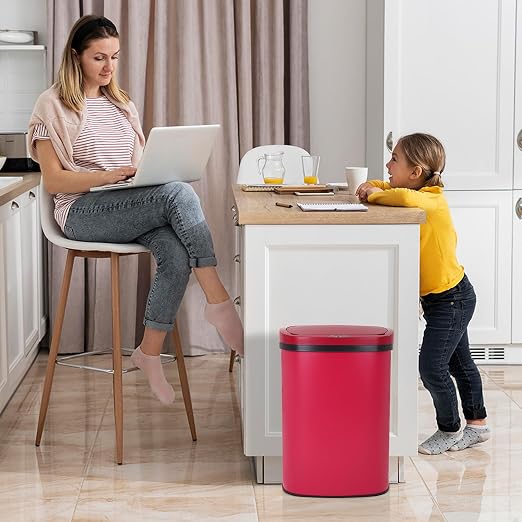 13 Gallon Kitchen Trash Can Bathroom Trash Can with Lid Red Garbage Can | Automatic Motion Sensor,50 Liter Touchless Trash Bin,Waterproof Garbage Bin Wastebasket for Toilet,Office,Caravans,Bedroom,