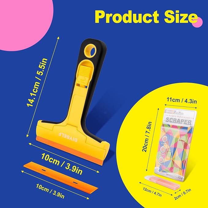 DIYSELF Plastic Scraper Tool with 5 Pcs 4-Inch Razor Blades for Windows | Replaceable Plastic Blades, Sticker Remover Tool for Glass, Labels, Adhesive, Cooktops & Tile, Crafts, DIY Users, Pink