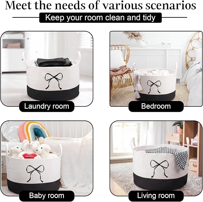 Honeydak Large Blanket Basket Black Bow Laundry Hamper 60l Cotton Rope Storage Bin for Blankets Toys Clothes 13 x 20 Inches Baby Nursery Room Playroom Storage Organization Teens Girls Dorm