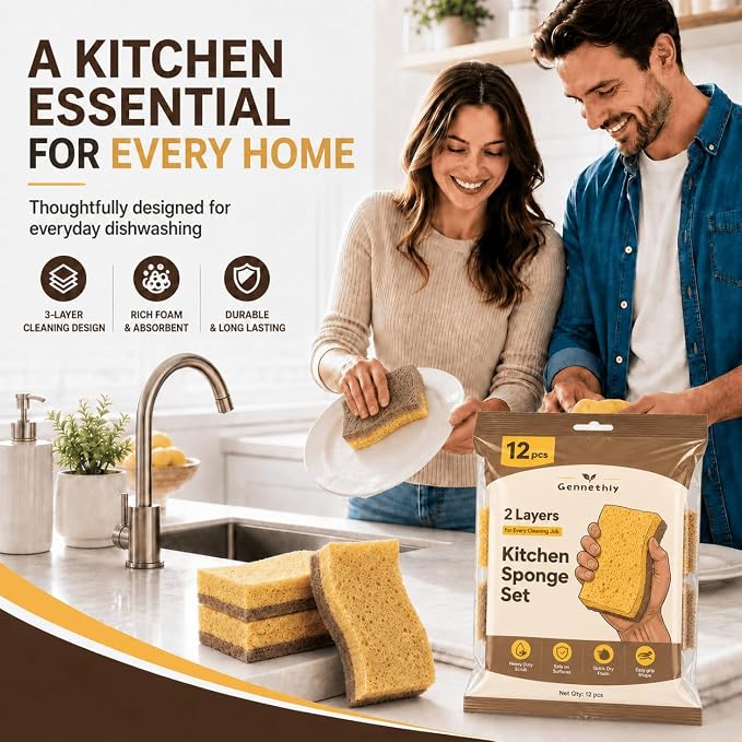 12 PCS Natural Sponges Kitchen, Dish Sponges with Coconut Scrub | Natural cellulose & Coconut fiber scrubber, Non-scratch cleaning, Rich suds fast, Flexible kitchen sponge, Easy Grip Shape