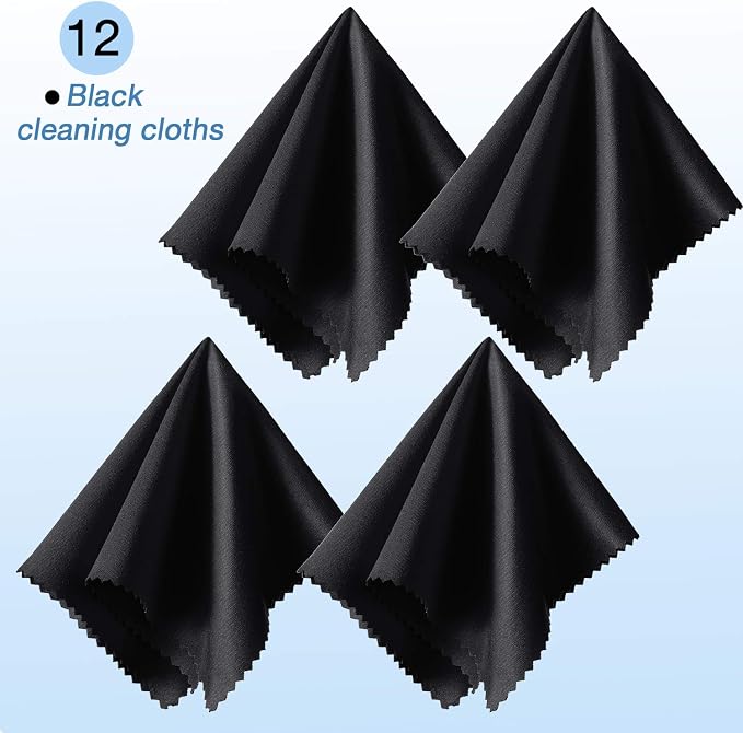 Frienda 12 Pack Microfiber Cleaning Cloth,Black | 12x12 Inch Large for Eyeglasses Screen Lens, Reusable Washable, Streak-free Lint-free, Cameras Phones Tablets Monitors