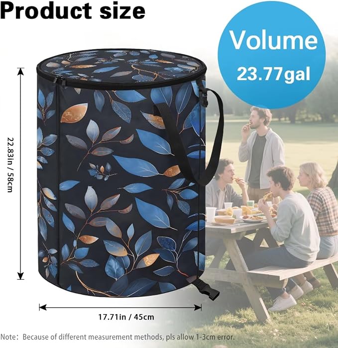 Vintage Blue Leaf Print 24 Gallon Camping Waster Bags with Lid and Handles Reusable Lawn Garden Bags Collapsible Trash Can for Outdoor Picnics Yard