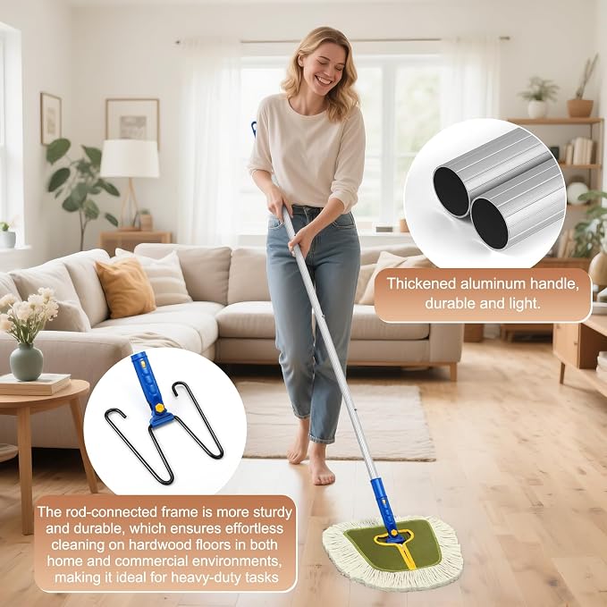 SOBONNE Commercial Dust Mop for Floors Cleaning Heavy Duty | 61"Long Handle Floor Duster|2 Washable Wedge Cotton Mop Pads|Dry Mop Broom for Walls Cleaner,Hardwood,Tile,Vinyl|Green