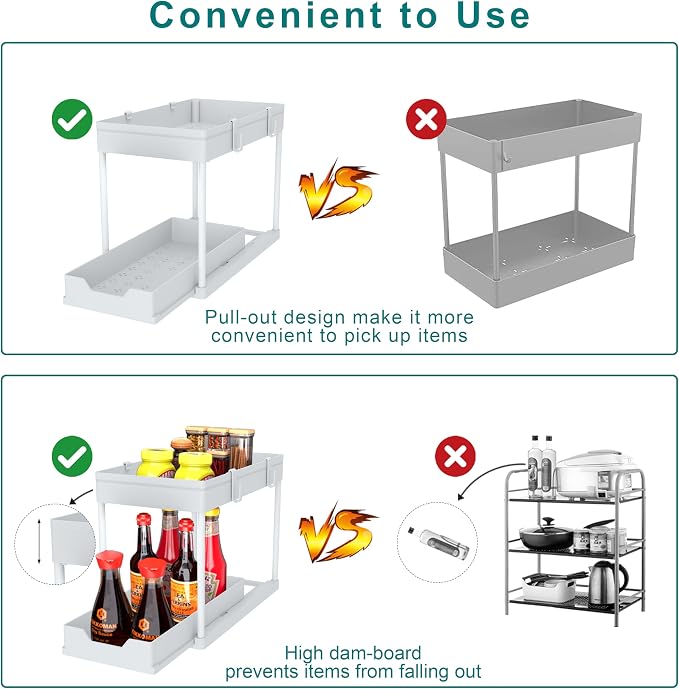 DEKAVA Cabinet, 2 Pack Under Sink Organizer, 2 Tier Sliding Bathroom Kitchen Organizer, Large White ABS Baskets, Easy Install & Clean