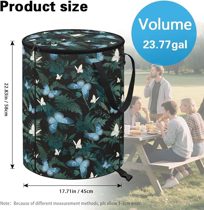 Blue Butterfly 24 Gallons Collapsible Camping Trash Can with Lid Waterproof Pop Up Garbage Can for Outdoor Large Capacity Reusable Trash Bin for Yard Lawn Garden Garbage Bag