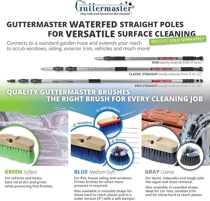 Guttermaster Grey Flow Through Essential Flagged-End Brush Head, 8-Inch | GM-214P-8 Oblong medium stiff bristle brush for floor, desk scrub, compatible with pole handle