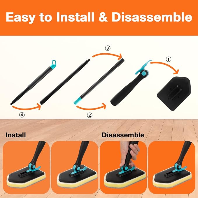 3 in 1 Scrub Cleaning Brush with Long Handle 51'' - Shower Bathtub (Black) | Tub & Tile Scrubber Brush of 1 Stiff Brush Head & 3 Scouring Pads & 3 Microfiber Clothes, for Wall Bathroom Glass Bathtub