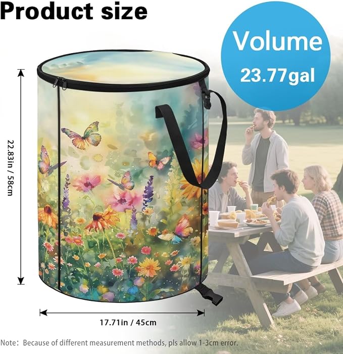 Daisy Floral Butterfly Print 24 Gallon Reusable Yard Waster Bag Garden Leaf Bin Collapsible Camping Trash Container Stand-up Waster Bin with Lid and Handles