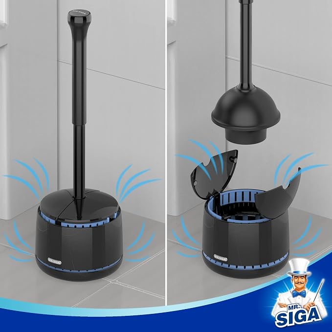 MR.SIGA Toilet Plunger with Holder, Plungers for Bathroom Heavy Duty, Black | Automatic lid design, sturdy long handle, heavy duty toilet plunger and holder set, toilet clog remover