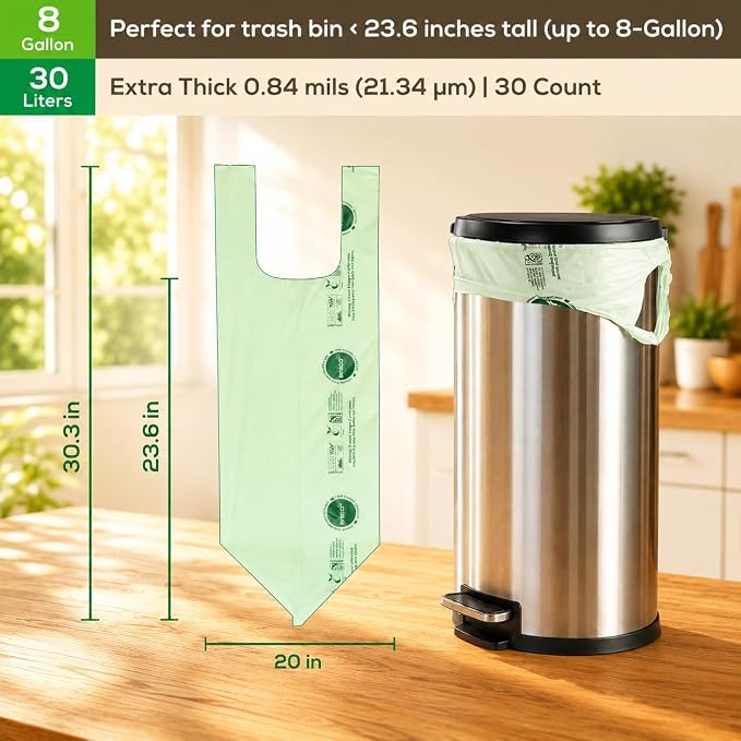 ANECO 8 Gallon Compostable Kitchen Food Waste Bags, 30 Count | With Handles, Leak-proof, For Tall Kitchen Bin, BPI & OK Compost HOME Certified