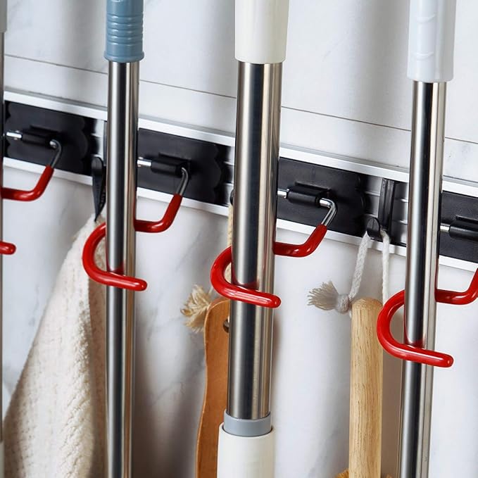 Wall Mounted Mop and Broom Holder Stainless Steel S Type Broom Rack Anti-Slip Mop Organizer (16.5 Inches,3 Positions 2 Hooks, Red black)