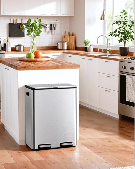 TLSUNNY 2 X 8 Gallon Double Compartments Kitchen Trash Can, Stainless Steel | Dual Trash and Recycling Bins with Odor Control, Soft-Close Lid, Removable Inner Bucket, Handle, Pedal, for Home, Silver