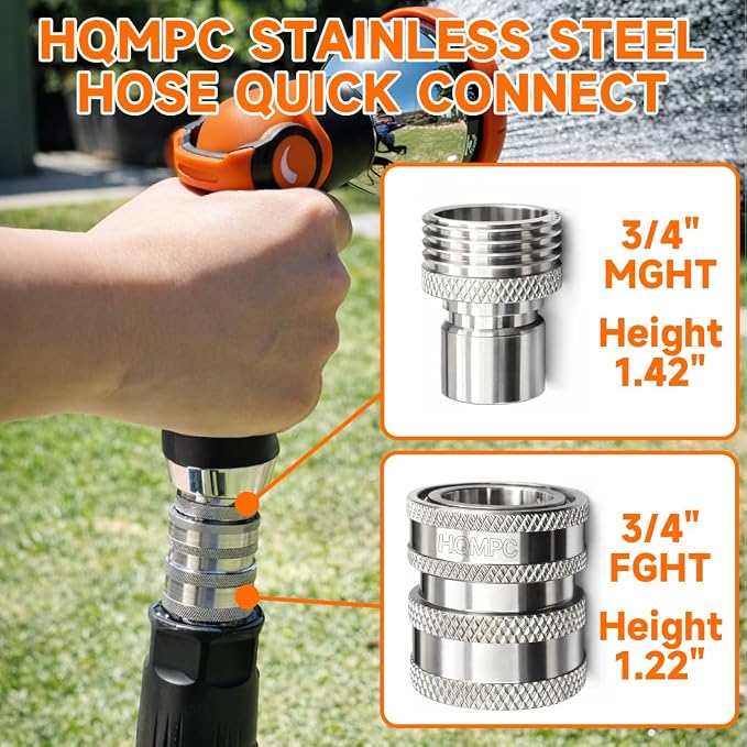 HQMPC Stainless Steel Garden Hose Quick Connect Fittings Set 3/4 inch GHT Stainless Steel 304 Garden Hose Quick Connector Easy Connect Fitting 2 SETS With 4 Gasket