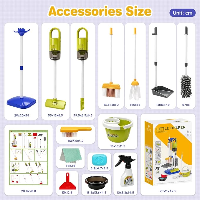 Dreamon Toddler Cleaning Set - 14Pcs Kids Cleaning Toy Set with Kids Vacuum | Blue Pretend Home Cleaning Play Set for Toddler Age 3-7, Toddler Vacuum Toy that Works,Christmas Birthday Gift for Girls Boys