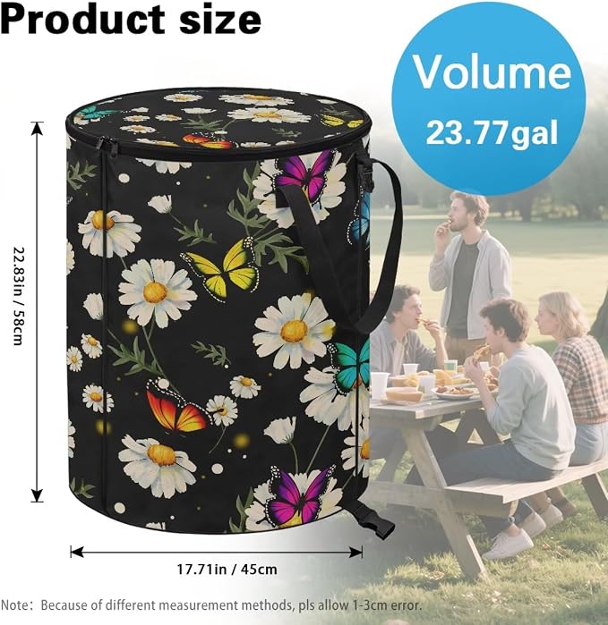 Daisy Butterfly Print 24 Gallon Garden Waster Bags with Lid and Handles Reusable Lawn Garden Bags Collapsible Trash Can for Camping Outdoor Picnics