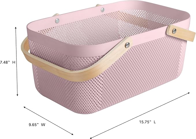 Simplify Large Mesh Plastic Storage Basket with Wooden Handle Blush Color | Garden Harvest Organizer | Kitchen Pantry Storage Bin