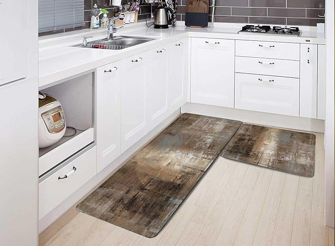 TOMWISH Brown Grey Kitchen Mat 2 Pcs Kitchen Rugs and Mats 17"X48"+17"X24" | Cushioned Kitchen Rug Non Skid Washable for Kitchen Dining Room Floor Home Office Sink Laundry Kitchen Decor and Accessories