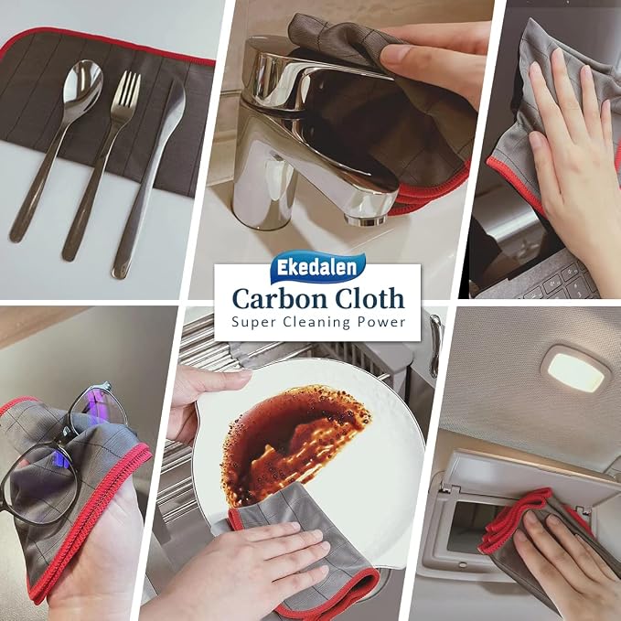 Microfiber Cleaning Cloth Lint Free Glass Polish, Red-Dark Grey | 400GSM Carbon Fiber Cloth for Glass Window Mirror Kitchen, Streak Free, Auto Detailing Easy Clean, 16 x12 in, 6 Pcak