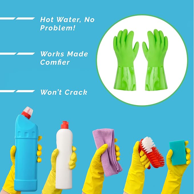 Ultimate Rubber Household PVC Gloves with Comfortable Cotton Lining, Anti-Slip surface, Kitchen Dishwashing, Extra Thickness, Kitchen Cleaning, Working, Painting, Pet Care (Large, Green)