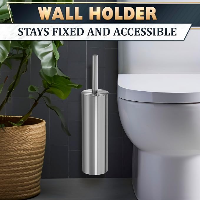Wall-Mounted Toilet Brush and Holder Set, Stainless Steel (Silver) | Stainless Steel Toilet Brush and Holder Set, Removable Inner Bowl, Dense Bristles, Rustproof, for Modern Bathroom Walls