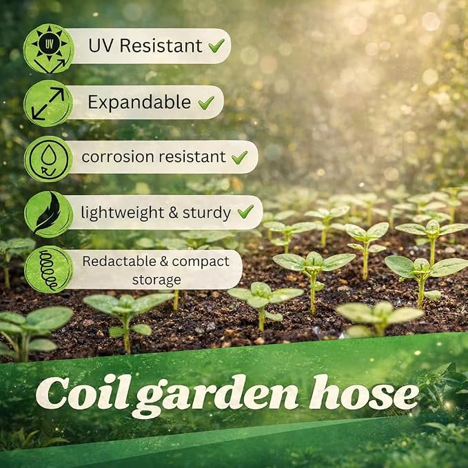 Coil Garden Hose 8 ft, Curly Water Hose with Plastic Connectors, Recoil Garden Water Hose, Retractable, Corrosion Resistant Garden Coil Hose.