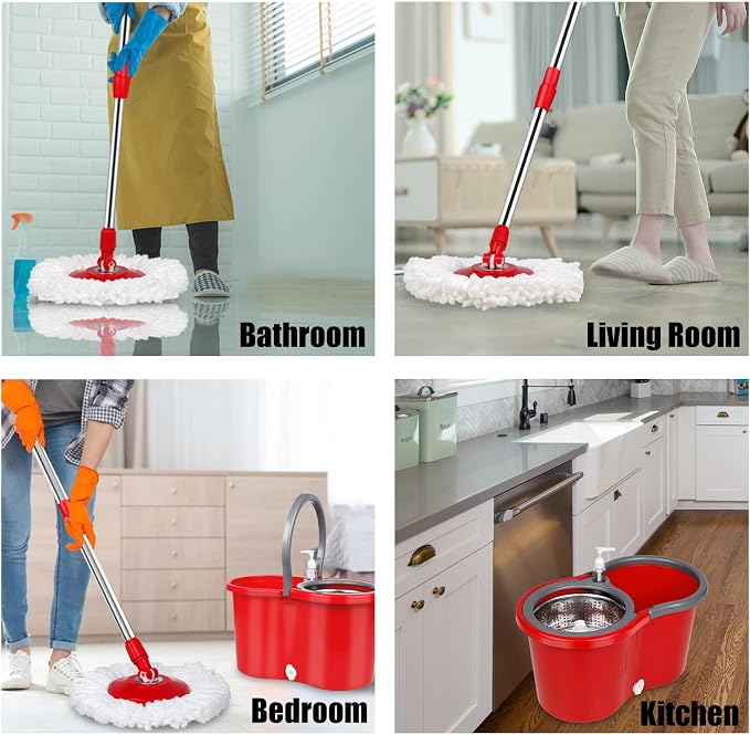 Spin Mop and Bucket with Wringer Set, 3 Mop Heads, 61" Adjustable Handle | 360° Spinning Mop Bucket System with 3 Microfiber Mop Heads & 61" Stainless Steel Adjustable Handle for Floor Cleaning