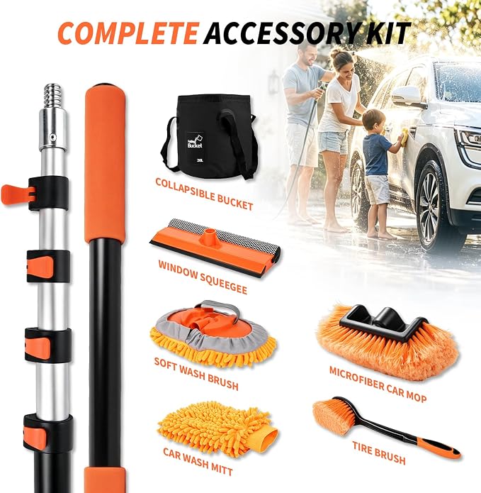 144'' Car Wash Brush with Long Handle Cleaning Kit | Scratch-Free Soft Bristle Wash Brush, Microfiber Mop, Window Squeegee, Wheel Brush, Mitt, Bucket, For RV, Truck, Boat, SUV