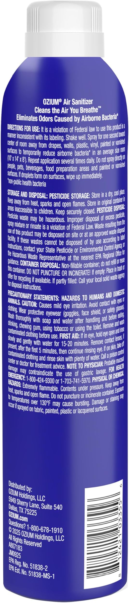 Ozium 8 Oz. Air Sanitizer & Odor Eliminator Spray | Room Odor Eliminator for Home, Car, and Office, Carbon Black Scent, 6 Pack
