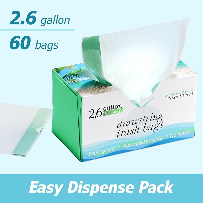 2.6 Gallon Drawstring Trash Bags - 0.43 Mil Strong - Small Garbage Bags - for Office Bathroom Kitchen - Individual, Unscented, White, 17" x 17", 60 Count